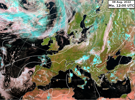 Satellitenbild und Bodendruck am Montag, 8. August um 14 Uhr.