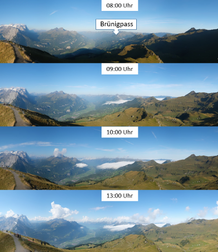 Blick von Meiringen-Hasliberg (BE) Richtung Westen zum Brünigpass: Mit dem Ansteigen der Hochnebelobergrenze auf der Alpennordseite schiebt sich der Hochnebel am Vormittag auch über den Brünig. Bekannt ist das Phänomen als die «Brünigschlange». Bilder: www.roundshot.com