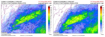 Median und Standardabweichung (rote Linien) der 24 Stunden Niederschlagsummen bis am Freitagabend 19.08.2022, 18 UTC.