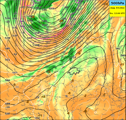 Karte der Strömung und der Temperatur auf 500 hPa auf etwa 5500 Metern am 4.8.2022 um 12 UTC. Ein Höhentrog über Frankreich verursacht eine zunehmende Südwestströmung über den Alpen.