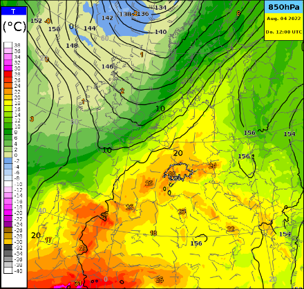 Karte der Strömung und der Temperatur auf 850 hPa. Die Zufuhr sehr heisser Luft von der Iberischen Halbinsel mit Temperatur bis zu 25 Grad auf etwa 1500 Metern ist besonders gut sichtbar.