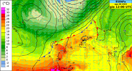 IFS für Donnerstag 18 UTC: Verteilung des Geopotenzials und der Temperatur auf 850 hPa. Ein ausgedehntes Hochdruckgebiet mit sehr warmer Luft ist deutlich über dem Mittelmeerraum und Mitteleuropa zu erkennen. Eine langsam nach Südosten ziehende Gewitterstörung liegt zwischen der westlichen Ostsee und dem Golf von Biskaya deutlich. Diese trennt die sehr warme Luft über Mitteleuropa von der deutlich kühleren Luft über Nordfrankreich, den Beneluxstaaten und Norddeutschland.