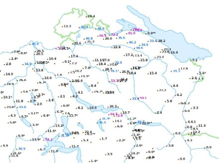 24-stündige Niederschlagsmengen im zentralen und östlichen Mittelland bis heute, den 27. August, 12 UTC. Von Schaffhausen bis zum Bodensee konnten verbreitet 20 bis 40, lokal sogar über 70 mm Niederschlag gemeldet werden.