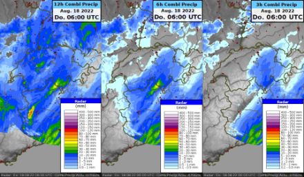 Niederschlagssummen (CombiPrecip) der letzten 12, 6 und 3 Stunden bis am 18.08.2022 6 UTC.