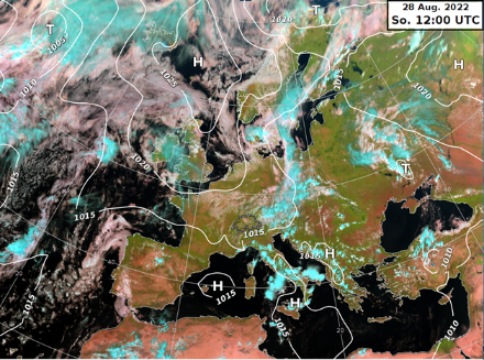 Satellitenbild und Bodendruckverteilung am Sonntag, 28. August 2022 um 14 Uhr MESZ