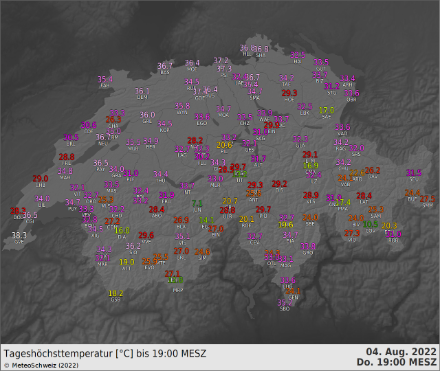 Tageshöchsttemperaturen auf 2 Metern: In Genf, Changins, La Dôle, Moléson und Neuchâtel wurden die bisherigen August-Rekorde übertroffen.