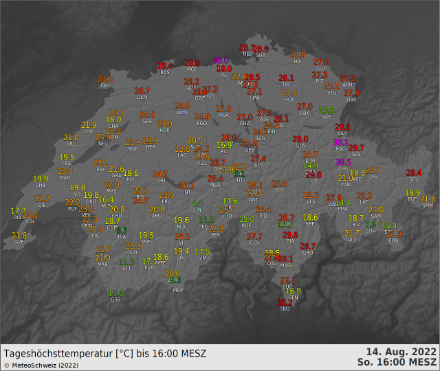Maximumtemperatur bis 16 Uhr. Auf der Alpennordseite wurde stellenweise ein Hitzetag (30°C oder mehr) registriert.