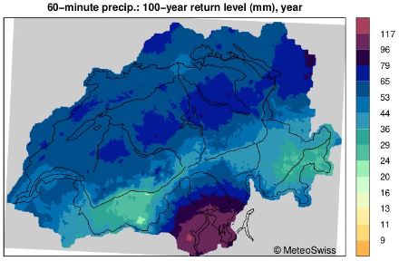 Zu erwartende Stundensumme des Niederschlags [mm] bei einer Wiederkehrperiode von 100 Jahren. In Luzern muss alle 100 Jahre mit einer Menge von über 50 mm gerechnet werden. Die gestrige Menge von 40 mm entspricht etwa einer Wiederkehrperiode von 20 Jahren (hier nicht gezeigt). Deutlich mehr Niederschlag während einer Stunde kann auf der Alpensüdseite erwartet werden. Dort muss einmal in 100 Jahren mit einer Menge von über 100 mm gerechnet werden.
