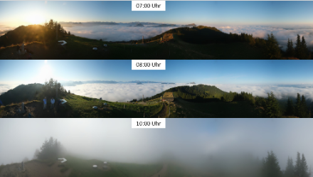 Webcam-Aufnahmen vom Wildspitz (ZG/SZ) auf 1580 m ü.M. von 7 Uhr (oben), 8 Uhr (Mitte) und 10 Uhr (unten): Die Hochnebelobergrenze steigt sichtbar an, bis dass auch die Kamera in Wolken gehüllt ist. Bilder: www.roundshot.com