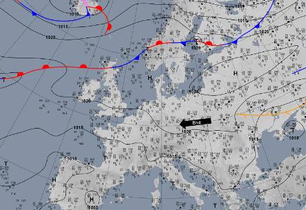 Bodenanalyse und Fronten von heute 06 Uhr UTC. Quelle: Deutscher Wetterdienst