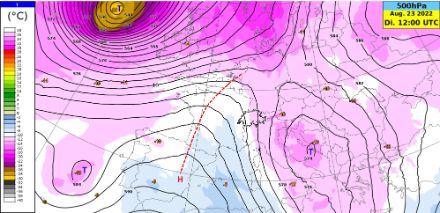 Höhenwetterkarte auf 500 hPa (ca. 5700 m) für heute um 12 UTC. Dargestellt ist das Geopotential (schwarze Linien) und die Temperatur (Farbflächen). Rot strichliert ist die Achse des Hochdruckrückens eingezeichnet.