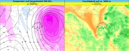 Höhenwetterkarte mit Temperatur und Geopotential (links) und Feuchtigkeit auf 700 hPa (rechts).