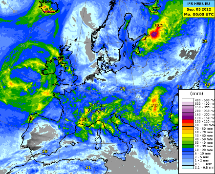 Bis Montag 00 UTC = 2 MESZ aufsummierter Niederschlag gemäss ECMWF IFS.