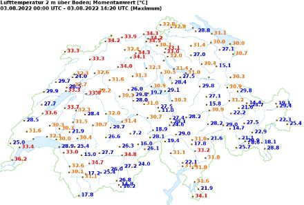 Höchsttemperatur auf 2 Meter über Boden an den Swissmetnet-Stationen am 03.08.2022 bis 16:30 Uhr.