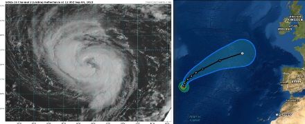 Auf dem Atlantik hat sich der Hurrikan "Danielle" entwickelt. Er verlagert sich nächste Woche allmählich in Richtung Europa. Satellitenbild (links) und aktuelle Lage bzw. mögliche Zugbahn (National Hurricane Center) des tropischen Wirbelsturms Danielle.