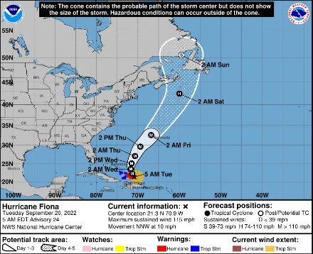 Position und Zugbahn Hurrikan "Fiona". Der Wirbelsturm zieht nach Norden, wahrscheinlich unter Verstärkung und bleibt so ein "Major Hurricane", in der Grafik mit "M" gekennzeichnet (Stufe 3 oder höher).