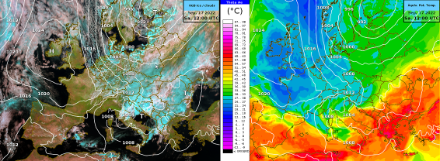 Situation am Samstag um 12 UTC. Links: Satellitenbild überlagert mit Luftdruck auf Meereshöhe. Rechts: Äquivalent potentielle Temperatur auf 850 hPa vom IFS HRES. Quelle: MeteoSchweiz