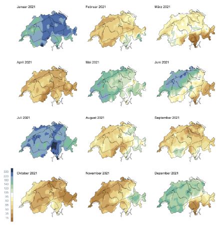 Karten der monatlichen Niederschläge als Anteil der Norm 1991-2020