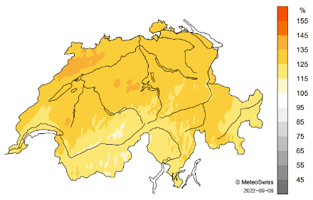 Schweizerkarte zur Sonnenscheindauer im Sommer 2022.