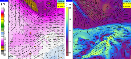 Wettersituation um 23 Uhr Lokalzeit gemäss dem Wettermodell IFS HRES von ECMWF. Links: Temperatur, Wind und Geopotential auf 500 hPa. Rechts: Niederschlagbares Wasser. Die markante Grenze zwischen tiefen Werten an niederschlagbarem Wasser (<20 mm) und hohen Werten (>30 mm) über Mitteleuropa trennt die feuchtwarme subtropische Luft von der trockeneren Polarluft. Quelle: MeteoSchweiz