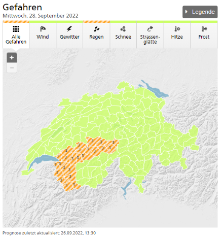 Warnausblick für eine mögliche Regenwarnung der Stufe 3, 50 bis 80 mm bei einer Schneefallgrenze zwischen 1600 und 2300 Metern, gültig von Mittwoch 00 bis Donnerstag 12 Uhr.
