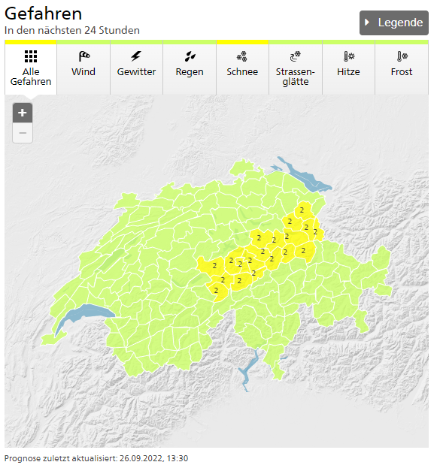 Regenwarnung der Stufe 2: 20 bis 40 cm Neuschnee oberhalb von 1800 Metern.
