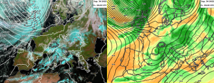 Wettersituation am Freitagvormittag um 11 Uhr Lokalzeit. Links: Satellitenbild überlagert mit Luftdruck auf Meereshöhe. Rechts: Geopotential und relative Luftfeuchtigkeit auf 700 hPa. Die Schweiz befand sich im Einflussbereich einer Tiefdruckzone, die sich vom zentralen Mittelmeerraum über die östlichen Alpen bis nach Polen erstreckte. Quelle: MeteoSchweiz