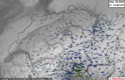 Gesamtniederschlag am Freitag, 30. September 2022 bis 15 Uhr Lokalzeit. Quelle: MeteoSchweiz