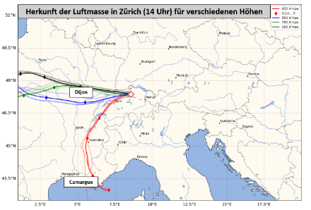 Die Rückwärtstrajektorien geben Aufschluss über die Herkunft der Luftmasse in verschiedenen Höhen. Die bodennahe Luft (rot) stammt aus dem Mittelmeerraum und wurden über das franz. Rhonetal ins Schweizer Flachland geführt. In erhöhten Lagen wurde in den vergangenen Stunden Atlantikluft via Frankreich zur Schweiz transportiert. Gerechnet für den Gitterpunkt Zürich mit Ankunftszeit um 14 Uhr Lokalzeit mit Daten des globalen IFS Modells (ECMWF).