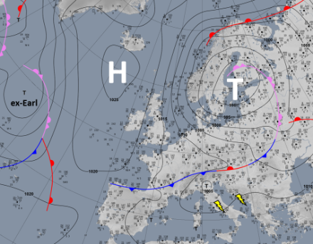 Analyse des Deutschen Wetterdiensts für heute Morgen, 08 Uhr Lokalzeit. Während über zentralen Atlantik noch der abgeschwächte ex-Hurricane «Earl» seine Runden dreht, sind wir in der Schweiz im Einflussbereich einer umfangreichen Tiefdruckzone über der Ostsee.