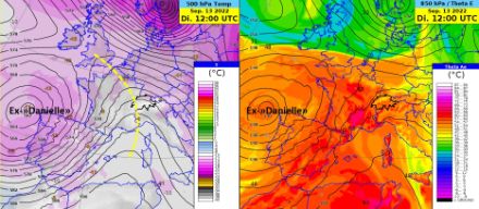 500 hPa Fläche mit Temperatur (links) und 850 hPa Fläche mit äquivalentpotentieller Temperatur (rechts) am 13.09.2022 um 12Z (gelb eingezeichnet die Rückenachse).
