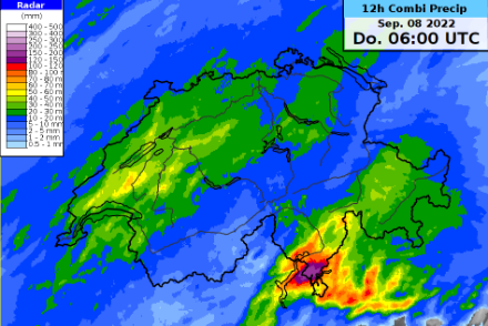 12-stündige Niederschlagssummen des CombiPrecip von 07.09.2022, 18Z bis 08.09.2022, 06Z.