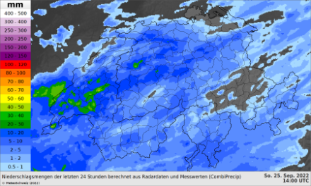Niederschlagsmenge anhand Radar- und Stationsdaten (CombiPrecip) in den letzten 24 Stunden bis Sonntag, 25.9.22 um 16 Uhr.