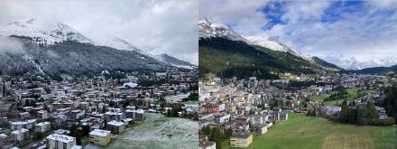Davos am Sonntag um 9 Uhr (links) und um 12 Uhr (rechts). Bilder: Meteomeldungen/App