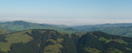 Auch das Hochnebelfeld im Raum St. Gallen war von den Voralpengipfeln deutlich erkennbar. Von der Ebenalp aus war zu sehen, dass sich diese - von oben her betrachtet - weisse Masse selbst um 9 UTC (11 LT) noch nicht aufgelöst hatte. Bildquelle: https://ebenalp.roundshot.com/.