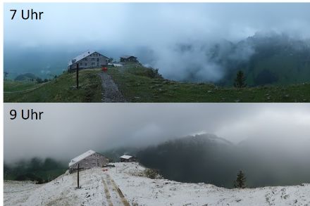 Zwei Fotos: Um / Uhr grüne Bergwiesen, ein Haus und bewölkt. Um 9 Uhr selbe Szene aber mit etwas Schnee.