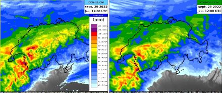 Niederschlagssumme in mm über 36 Stunden von Mittwoch 28.09. 00 Uhr UTC bis Donnerstag 29.09. 12 Uhr UTC gemäss den Modellen ICON-2E Kontrolle (links) und COSMO-2E (rechts).