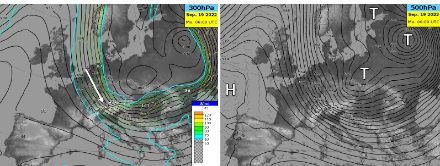 Zwei Höhenwetterkarten. Über Skandinavien bis zum nördlichen Balkan eine Tiefdruckzone, über dem Atlantik Hochdruck. Der Jetstream erstreckt sich von der Nordsee über die Ostalpen, weiter zum Nordrand des Schwarten Meeres wieder nach Norden.