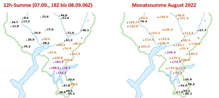 12-Stunden Niederschlagssumme vom 07.09.2022, 18Z bis am 08.09.2022, 06Z (links), Niederschlagssumme des gesamten August 2022 (rechts).
