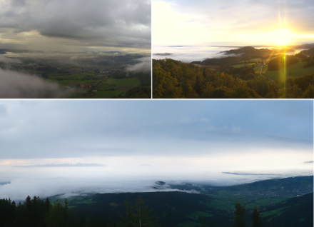 Collage von Roundshot-Bildern. Links oben: Blick vom Bantiger zur Stadt Bern mit mehreren Wolkenschichten. Rechts oben: Sonnenaufgang auf dem Schauenberg bei Elgg zwischen dem Nebel und den mittelhohen Wolken. Unten: Blick vom Wildspitz zum Zugerberg, wo sich an der Nebelobergrenze eine Nebelwelle (ein sogenannter hydraulischer Sprung) bildete.