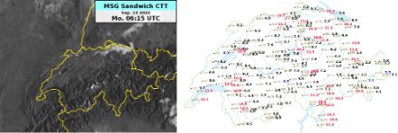 Satellitenbild im sichtbaren Bereich um 06.15Z und Tiefsttemperaturen am 12.09.2022.