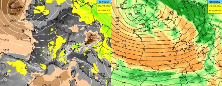 Bodendruckfeld mit Druckänderung (braune und gelbe Flächen) und 500 hPa Geopotential mit relativer Feuchtigkeit (grüne Flächen) am 08.09.2022, 06Z.