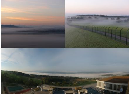 Am Flughafen Zürich-Kloten wurden heute Morgen nur flache Nebelbänke beobachtet (oben, Quelle: S. Burri), das Aargauer Reusstal bei Bellikon war hingegen mit Nebel gefüllt (unten, Quelle: https://rehabellikon.roundshot.com)
