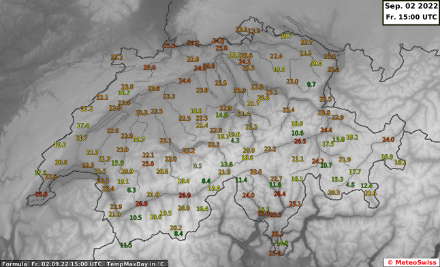 Tageshöchsttemperatur in der Schweiz heute, den 2. September 2022, bis um 15 UTC.