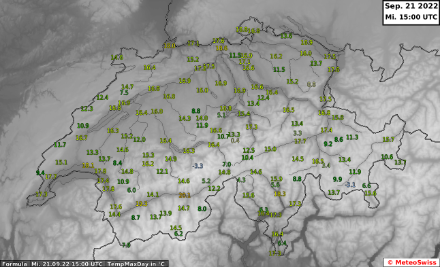 Tageshöchsttemperaturen in der Schweiz heute, den 21. September 2022, bis um 15 UTC.