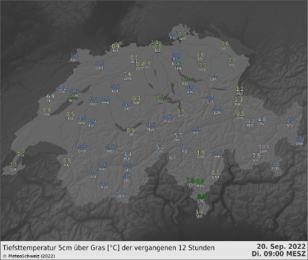 12h-Tiefsttemperatur auf 5 cm bis Dienstag 9 Uhr. An einigen Messstationen wurde Bodenfrost registriert.
