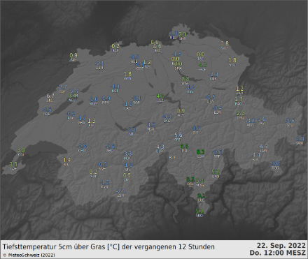 Tiefsttemperatur auf 5 cm vom 22. September 2022
