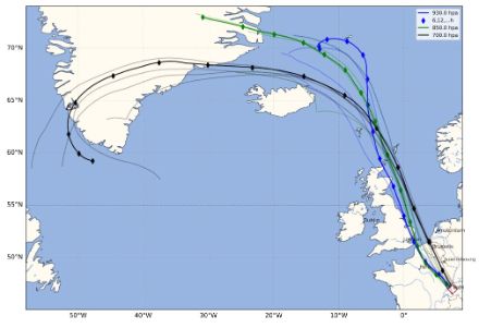 Berechnung der Herkunft der Luftmassen, die sich am Sonntagmorgen über Bern befunden hat, für verschiedene Höhen: 800 m ü.M. (930 hPa) in blau, 1500 m ü.M. (850 hPa) in grün und 3000 m ü.M. (700 hPa) in schwarz.  Der Beginn der Linien repräsentiert die Position der Luft am Mittwochmittag.