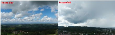 Webcambilder der MeteoSchweiz um 12:20 Uhr: links kleine Quellwolken im Pruntrut, rechts grössere Quellwolken mit Schauern bei Frauenfeld.