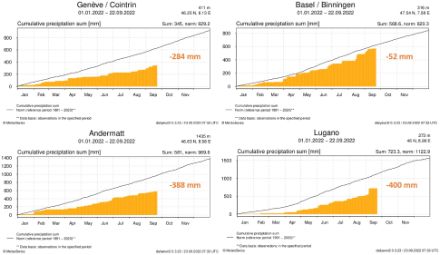 Aufsummierte Niederschlagsmenge (orange) an ausgewählten Stationen seit Jahresbeginn. Die schwarze Linie zeigt den Normwert der Periode 1991 bis 2022. Nach wie vor besteht verbreitet, ein teils erhebliches Defizit, am geringsten ist es in Basel.